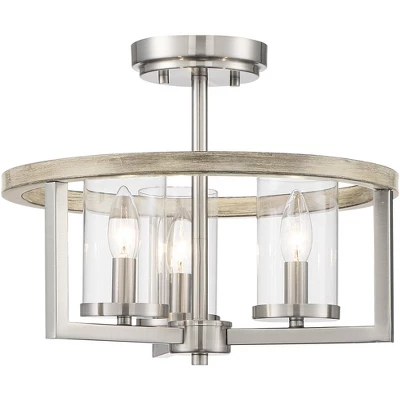 Possini Euro Design Senna Modern Industrial Ceiling Light Semi Flush Mount Fixture 15" Wide Brushed Nickel Gray Wood 3-Light Clear Glass For Bedroom 7 Possini Euro Design Senna Modern Industrial Ceiling Light Semi Flush Mount Fixture 15" Wide Brushed Nickel Gray Wood 3-Light Clear Glass For Bedroom - Image 5