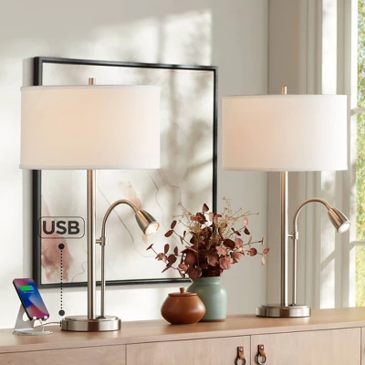Possini Euro Design Traverse Modern Table Lamps Set Of 2 29 1/2" Tall Brushed Nickel With USB Charging Port LED Gooseneck White Drum Shade For Desk 3 Possini Euro Design Traverse Modern Table Lamps Set Of 2 29 1/2" Tall Brushed Nickel With USB Charging Port LED Gooseneck White Drum Shade For Desk