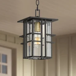 Possini Euro Design Arley Modern Outdoor Hanging Light Black Geometric Frame 12 1/2" Seedy Glass For Post Exterior Barn Deck House Porch Yard Patio