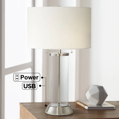 Possini Euro Design Fritz Modern Table Lamp 26 1/2" High Silver Clear Glass Column With USB And AC Power Outlet In Base Drum Shade For Bedroom Desk 3 Possini Euro Design Fritz Modern Table Lamp 26 1/2" High Silver Clear Glass Column With USB And AC Power Outlet In Base Drum Shade For Bedroom Desk