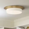 Possini Euro Design Melber Modern Ceiling Light Flush Mount Fixture 14" Wide Warm Brass Gold 3-Light Opal White Glass Shade For Bedroom Living Room
