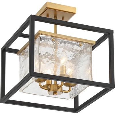 Possini Euro Design Liston Modern Ceiling Light Semi Flush Mount Fixture 14" Wide Black Brass 4-Light Ice Glass Panels For Bedroom Kitchen Living Room 5 Possini Euro Design Liston Modern Ceiling Light Semi Flush Mount Fixture 14" Wide Black Brass 4-Light Ice Glass Panels For Bedroom Kitchen Living Room - Image 3