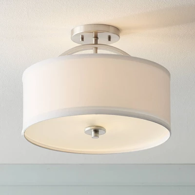 Possini Euro Design Halsted Modern Ceiling Light Semi Flush Mount Fixture 15" Wide Brushed Nickel 2-Light Oatmeal Linen Drum For Bedroom Living Room 2 Possini Euro Design Halsted Modern Ceiling Light Semi Flush Mount Fixture 15" Wide Brushed Nickel 2-Light Oatmeal Linen Drum For Bedroom Living Room