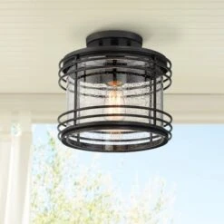 Possini Euro Design Modern Semi Flush Mount Outdoor Ceiling Light Fixture Black Geometric 11" Clear Seedy Glass For Exterior House Porch Patio Deck