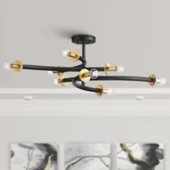 Possini Euro Design Alturus Modern Ceiling Light Semi Flush Mount Fixture 34" Wide Gloss Black Warm Brass 8-Light For Bedroom Living Room Hallway Home