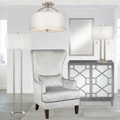 Possini Euro Design Halsted Modern Ceiling Light Semi Flush Mount Fixture 15" Wide Brushed Nickel 2-Light Oatmeal Linen Drum For Bedroom Living Room 7 Possini Euro Design Halsted Modern Ceiling Light Semi Flush Mount Fixture 15" Wide Brushed Nickel 2-Light Oatmeal Linen Drum For Bedroom Living Room - Image 6