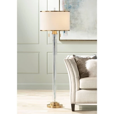 Possini Euro Design Cadence Modern Floor Lamp Standing 62" Tall Crystal Glass Column Satin Brass Linen Drum Shade For Living Room Bedroom Office House 3 Possini Euro Design Cadence Modern Floor Lamp Standing 62" Tall Crystal Glass Column Satin Brass Linen Drum Shade For Living Room Bedroom Office House