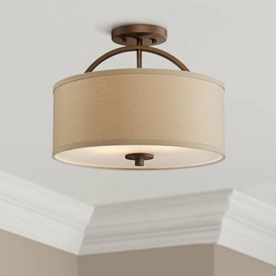 Possini Euro Design Halsted Modern Ceiling Light Semi Flush Mount Fixture 15" Wide Brushed Bronze 2-Light Oatmeal Linen Drum For Bedroom Living Room 3 Possini Euro Design Halsted Modern Ceiling Light Semi Flush Mount Fixture 15" Wide Brushed Bronze 2-Light Oatmeal Linen Drum For Bedroom Living Room