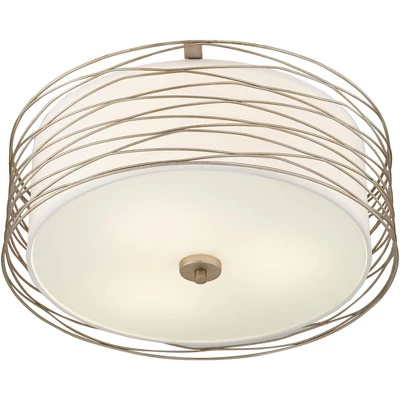 Possini Euro Design Modern Ceiling Light Flush Mount Fixture Antique Silver Leaf 18" Wide Wavy Spun White Drum For Bedroom Kitchen 7 Possini Euro Design Modern Ceiling Light Flush Mount Fixture Antique Silver Leaf 18" Wide Wavy Spun White Drum For Bedroom Kitchen - Image 5