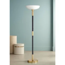 Possini Euro Design Modern Torchiere Floor Lamp Light Blaster LED 72.25" Tall Antique Brass And Matte Black Opal Glass For Living Room Bedroom