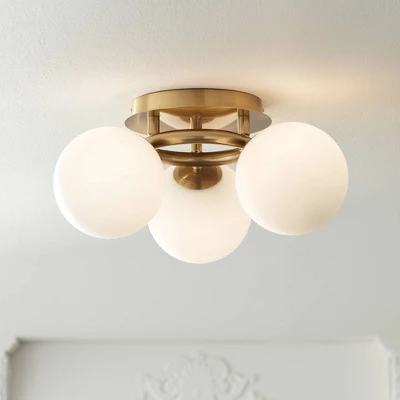 Possini Euro Design Modern Ceiling Light Flush Mount Fixture Brass 18" Wide 3-Light Frosted White Glass Globes Bedroom Living Room 3 Possini Euro Design Modern Ceiling Light Flush Mount Fixture Brass 18" Wide 3-Light Frosted White Glass Globes Bedroom Living Room