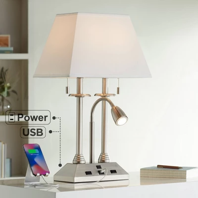 Possini Euro Design Dexter Modern Table Lamp 26" High Brushed Nickel With USB And AC Power Outlet In Base LED Reading Light White Shade For Home Desk 3 Possini Euro Design Dexter Modern Table Lamp 26" High Brushed Nickel With USB And AC Power Outlet In Base LED Reading Light White Shade For Home Desk