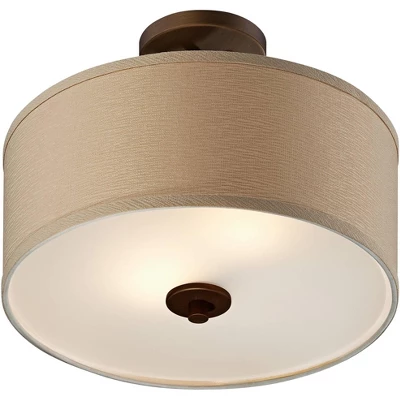 Possini Euro Design Halsted Modern Ceiling Light Semi Flush Mount Fixture 15" Wide Brushed Bronze 2-Light Oatmeal Linen Drum For Bedroom Living Room 7 Possini Euro Design Halsted Modern Ceiling Light Semi Flush Mount Fixture 15" Wide Brushed Bronze 2-Light Oatmeal Linen Drum For Bedroom Living Room - Image 5