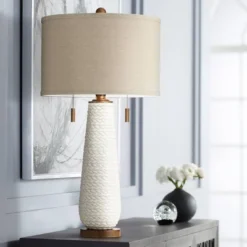 Possini Euro Design Kingston Modern Mid Century Table Lamp 32 3/4" Tall White Grooved Patterned Ceramic Taupe Drum Shade For Bedroom Living Room House