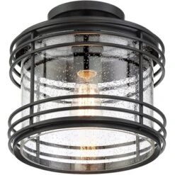 Possini Euro Design Modern Semi Flush Mount Outdoor Ceiling Light Fixture Black Geometric 11" Clear Seedy Glass For Exterior House Porch Patio Deck -Possini Euro Design Shop GUEST cb8c1411 a795 4f98 aa4e 939519680ea3