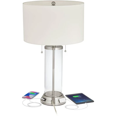 Possini Euro Design Fritz Modern Table Lamp 26 1/2" High Silver Clear Glass Column With USB And AC Power Outlet In Base Drum Shade For Bedroom Desk 4 Possini Euro Design Fritz Modern Table Lamp 26 1/2" High Silver Clear Glass Column With USB And AC Power Outlet In Base Drum Shade For Bedroom Desk - Image 2