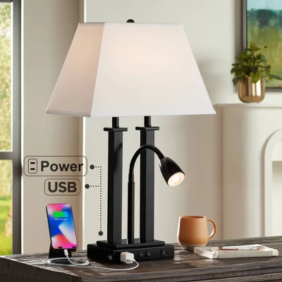 Possini Euro Design Deacon Modern Desk Table Lamp 26" High Black With USB And AC Power Outlet In Base LED Reading Light Oatmeal Shade For Office Desk 3 Possini Euro Design Deacon Modern Desk Table Lamp 26" High Black With USB And AC Power Outlet In Base LED Reading Light Oatmeal Shade For Office Desk