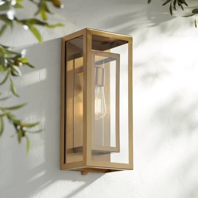 Possini Euro Design Modern Outdoor Wall Light Fixture Brass 16 1/4" Clear Glass Panel For Exterior Barn Deck House Porch Yard Patio Outside Garage 3 Possini Euro Design Modern Outdoor Wall Light Fixture Brass 16 1/4" Clear Glass Panel For Exterior Barn Deck House Porch Yard Patio Outside Garage