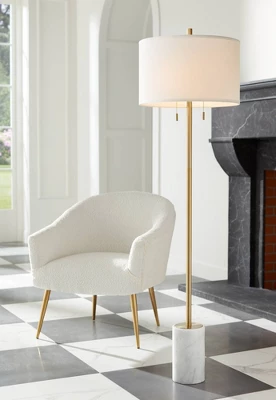 Possini Euro Design Luxe Italian Style Floor Lamp 64" Tall Gold Metal White Linen Drum Shade For Living Room Reading House Bedroom Office 3 Possini Euro Design Luxe Italian Style Floor Lamp 64" Tall Gold Metal White Linen Drum Shade For Living Room Reading House Bedroom Office