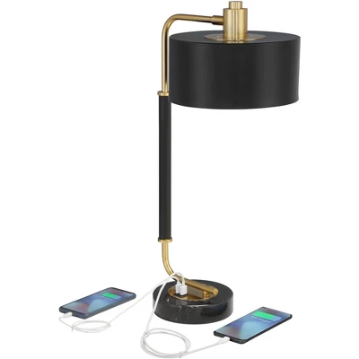Possini Euro Design Myles Modern Mid Century Desk Lamp 24" High Black Gold With Dual USB Charging Ports Metal Drum Shade For Bedroom Living Room Home 4 Possini Euro Design Myles Modern Mid Century Desk Lamp 24" High Black Gold With Dual USB Charging Ports Metal Drum Shade For Bedroom Living Room Home - Image 2