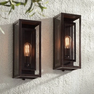 Possini Euro Design Rustic Industrial Farmhouse Outdoor Wall Light Fixtures Set Of 2 Bronze 15 1/2" Clear Glass For Exterior Barn Deck House Porch 3 Possini Euro Design Rustic Industrial Farmhouse Outdoor Wall Light Fixtures Set Of 2 Bronze 15 1/2" Clear Glass For Exterior Barn Deck House Porch