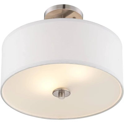 Possini Euro Design Halsted Modern Ceiling Light Semi Flush Mount Fixture 15" Wide Brushed Nickel 2-Light Oatmeal Linen Drum For Bedroom Living Room 5 Possini Euro Design Halsted Modern Ceiling Light Semi Flush Mount Fixture 15" Wide Brushed Nickel 2-Light Oatmeal Linen Drum For Bedroom Living Room - Image 4