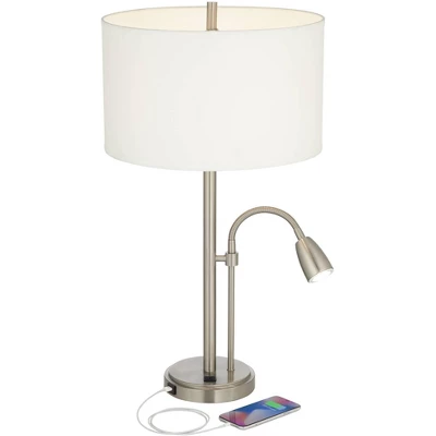 Possini Euro Design Traverse Modern Table Lamps Set Of 2 29 1/2" Tall Brushed Nickel With USB Charging Port LED Gooseneck White Drum Shade For Desk 4 Possini Euro Design Traverse Modern Table Lamps Set Of 2 29 1/2" Tall Brushed Nickel With USB Charging Port LED Gooseneck White Drum Shade For Desk - Image 2