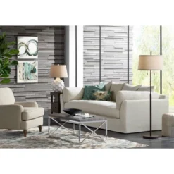 Possini Euro Design Cosgrove Modern Mid Century Table Lamp 26 1/2" High White Glazed Ceramic Light Brown Linen Drum Shade For Bedroom Living Room Home -Possini Euro Design Shop GUEST ffd25a4f a7ba 4a02 a4d9 7f06db03c19a 1